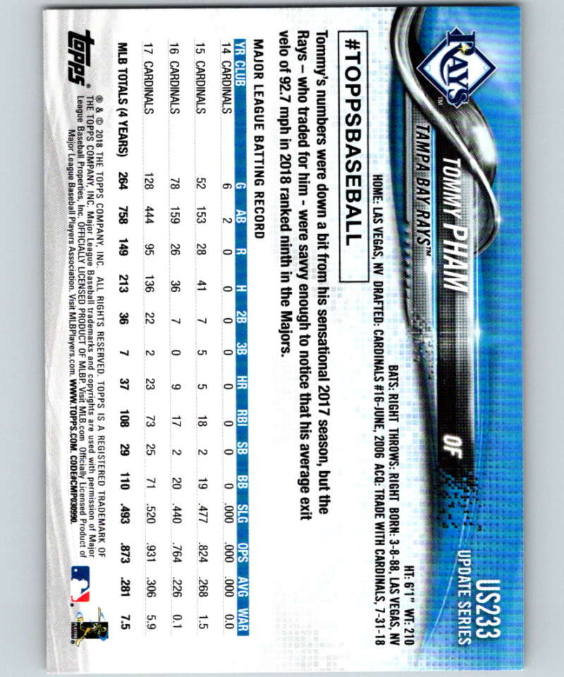 2018 Topps Update #US233 Tommy Pham Like New Tampa Bay Rays Image 2