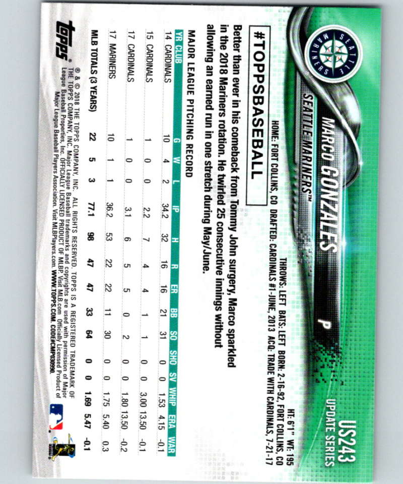 2018 Topps Update #US243 Marco Gonzales Like New Seattle Mariners Image 2