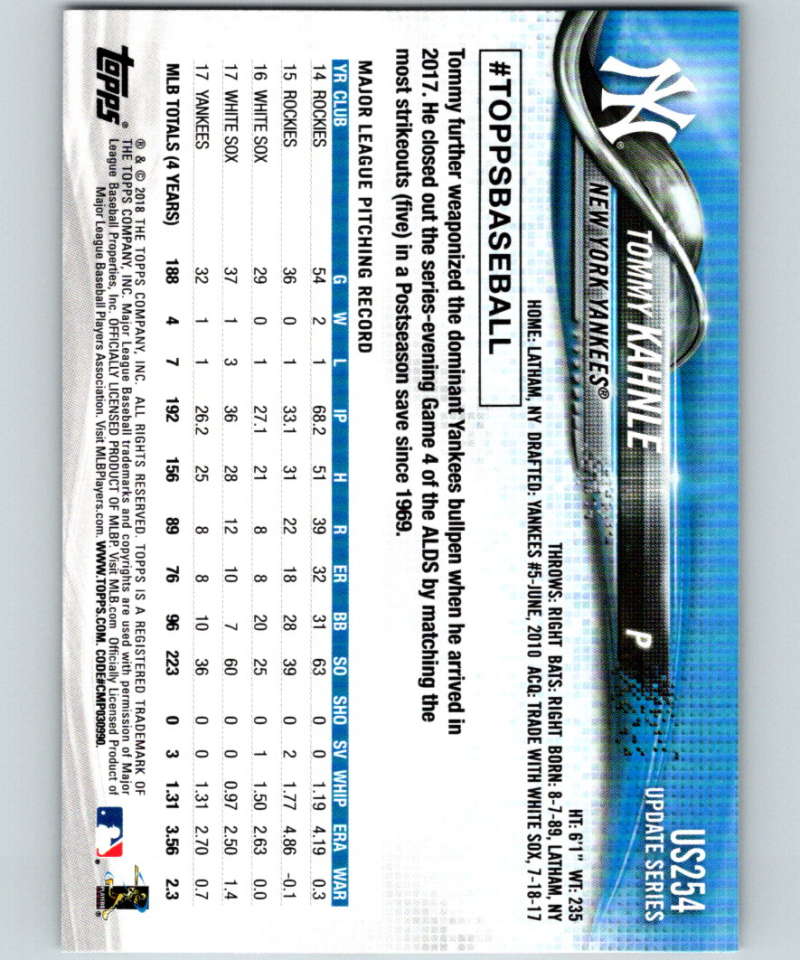 2018 Topps Update #US254 Tommy Kahnle Like New New York Yankees Image 2