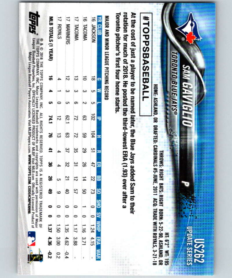 2018 Topps Update #US262 Sam Gaviglio Like New Toronto Blue Jays Image 2