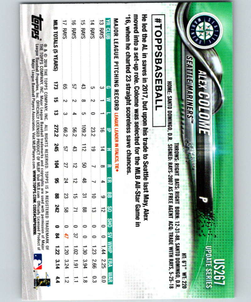 2018 Topps Update #US267 Alex Colome Like New Seattle Mariners Image 2