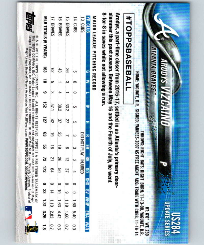 2018 Topps Update #US284 Arodys Vizcaino Like New Atlanta Braves Image 2
