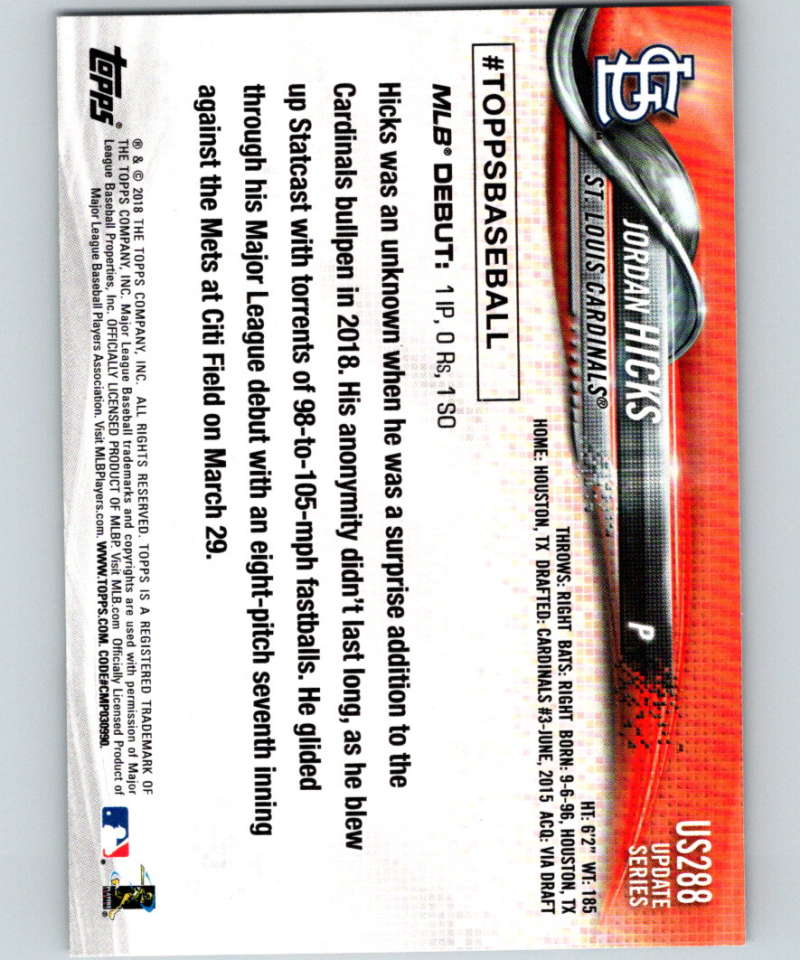 2018 Topps Update #US288 Jordan Hicks Like New RC Rookie St. Louis Cardinals Image 2