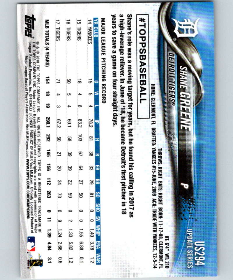 2018 Topps Update #US294 Shane Greene Like New Detroit Tigers