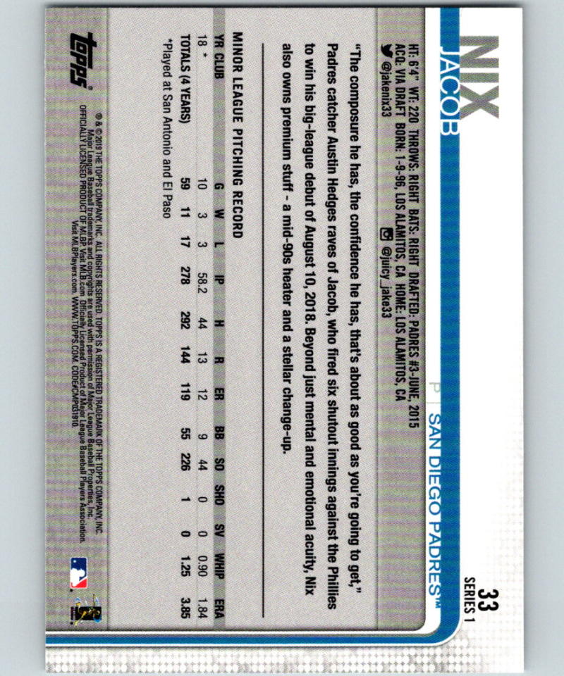 2019 Topps #33 Jacob Nix MINT RC Rookie San Diego Padres 07474