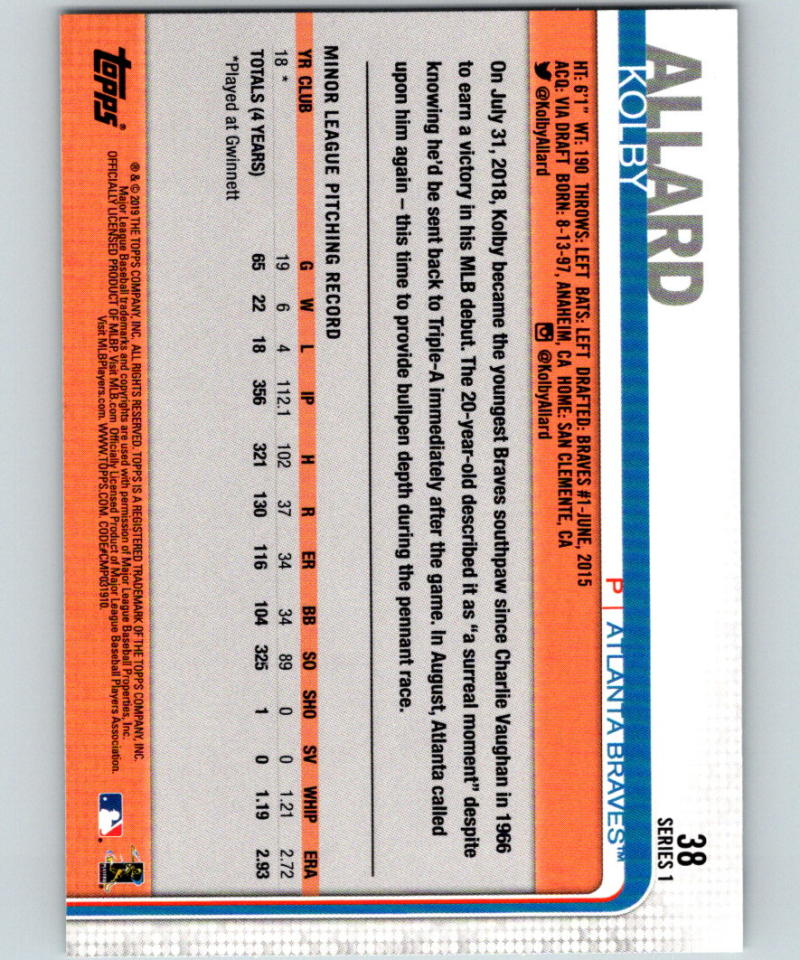 2019 Topps #38 Kolby Allard MINT RC Rookie Atlanta Braves 07475 Image 2