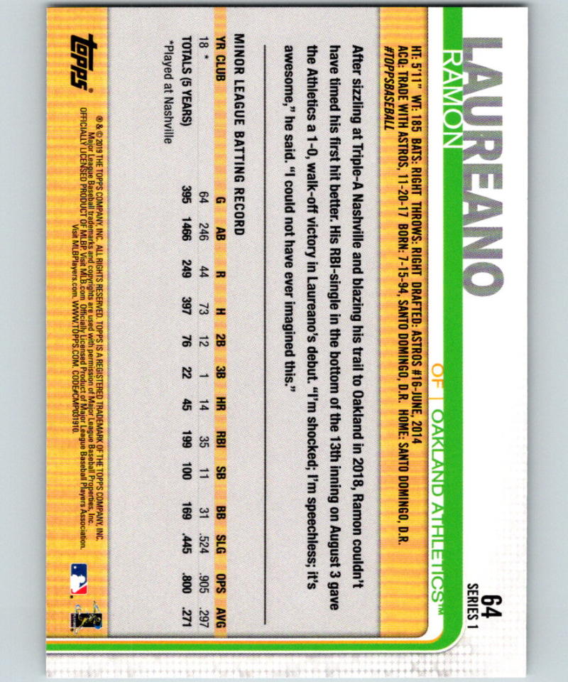 2019 Topps #64 Ramon Laureano MINT RC Rookie Oakland Athletics 07479