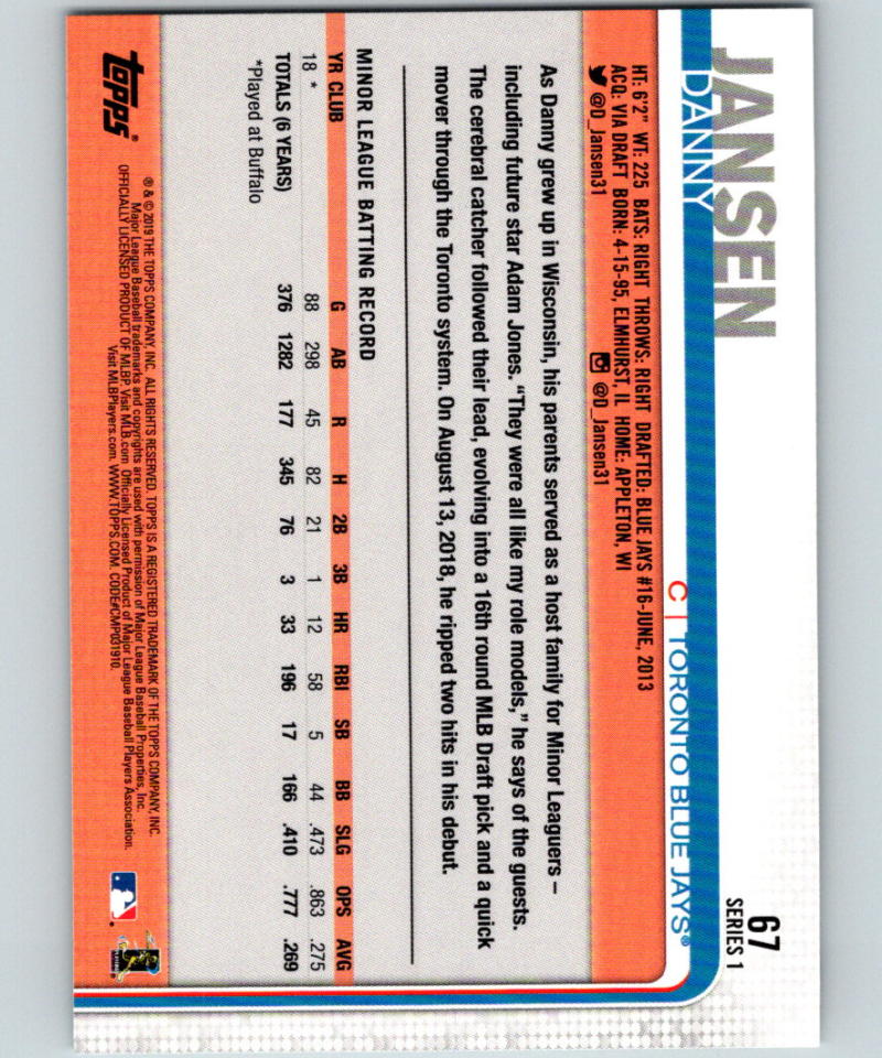 2019 Topps #67 Danny Jansen MINT RC Rookie Toronto Blue Jays 07480