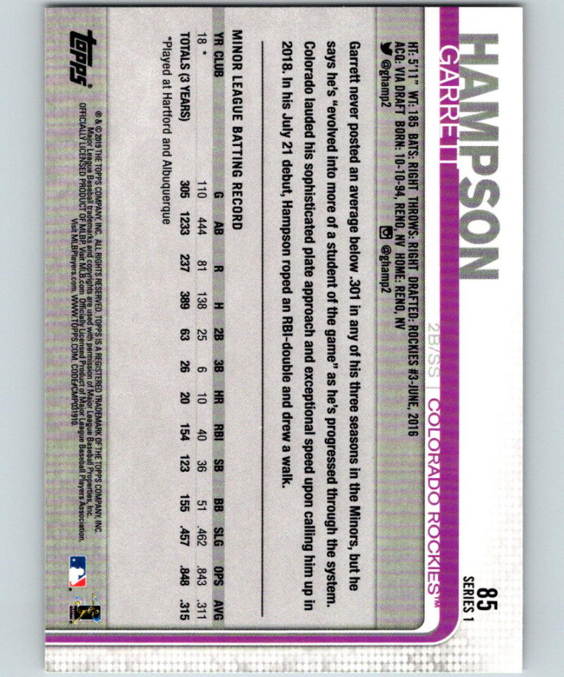 2019 Topps #85 Garrett Hampson MINT RC Rookie Colorado Rockies 07481 Image 2