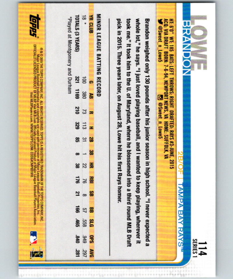 2019 Topps #114 Brandon Lowe MINT RC Rookie Tampa Bay Rays 07484