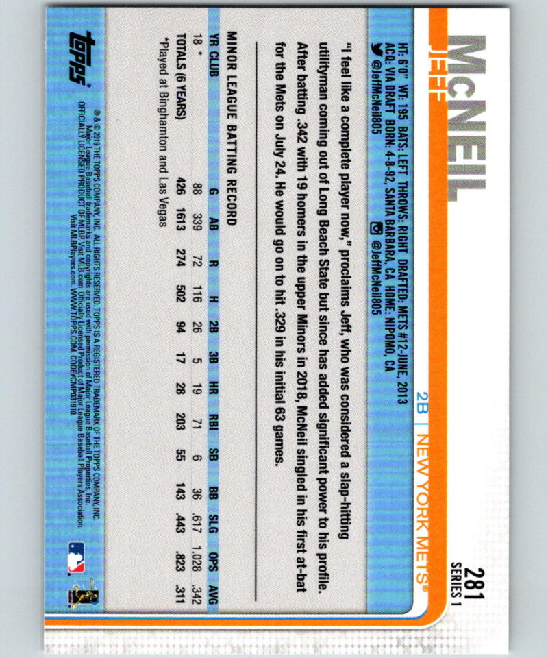 2019 Topps #281 Jeff McNeil MINT RC Rookie New York Mets 07488