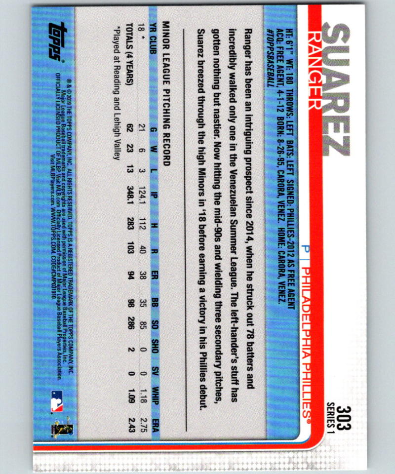 2019 Topps #303 Ranger Suarez MINT RC Rookie Philadelphia Phillies 07489