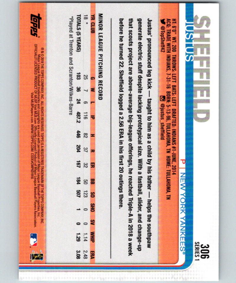 2019 Topps #306 Justus Sheffield MINT RC Rookie New York Yankees 07490 Image 2