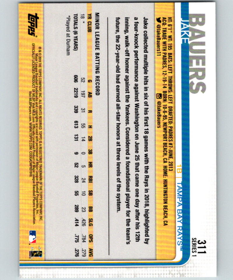 2019 Topps #311 Jake Bauers MINT RC Rookie Tampa Bay Rays 07491 Image 2