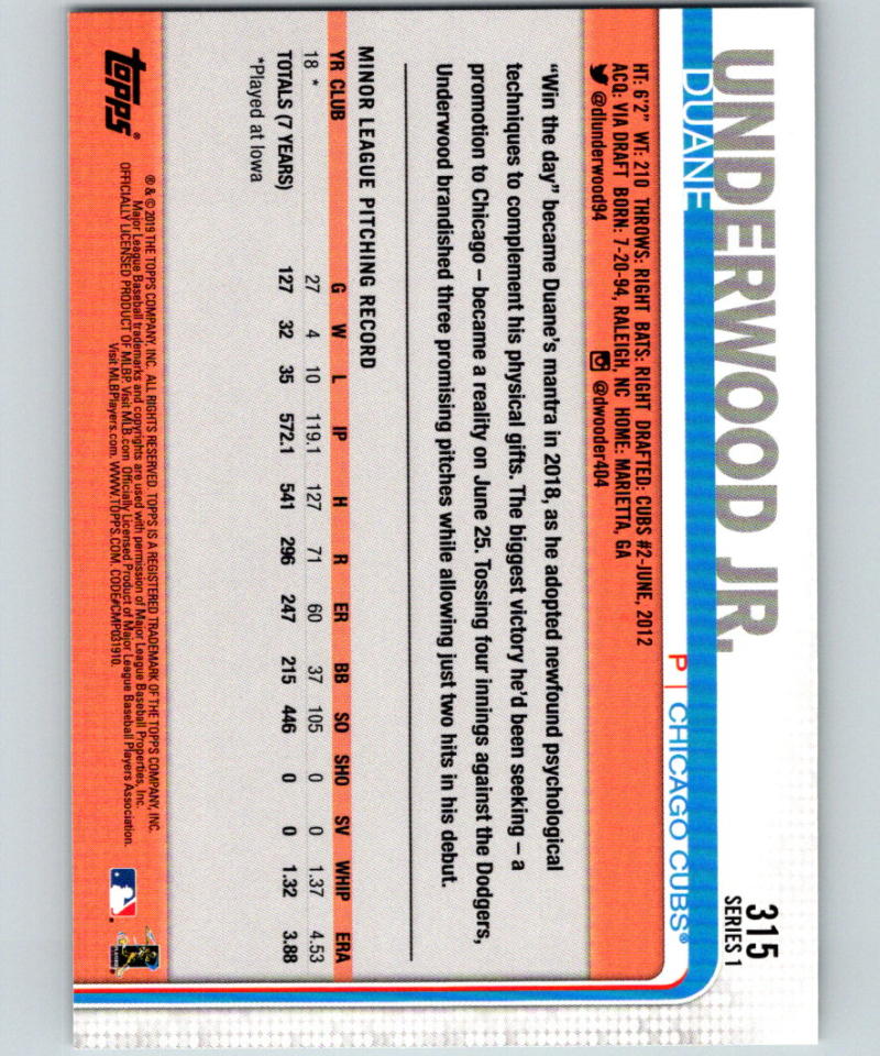 2019 Topps #315 Duane Underwood Jr. MINT RC Rookie Chicago Cubs 07492 Image 2