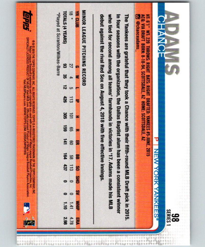 2019 Topps 150th Anniversary #98 Chance Adams MINT RC Rookie 07494 Image 2