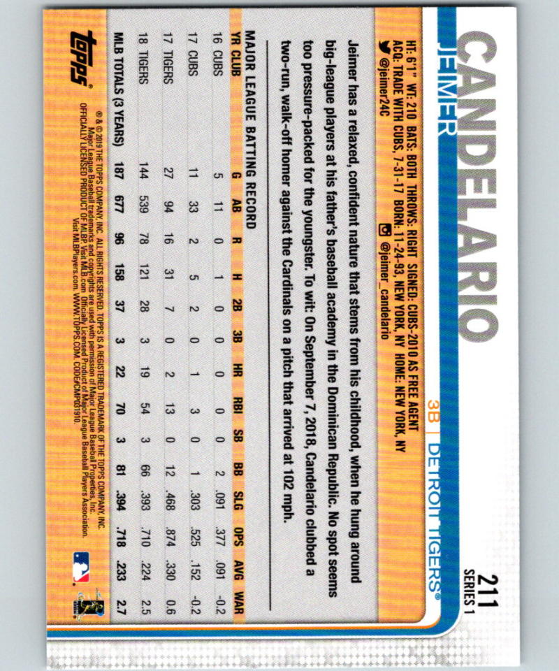 2019 Topps Rainbow Foil #211 Jeimer Candelario MINT Detroit Tigers 07502 Image 2