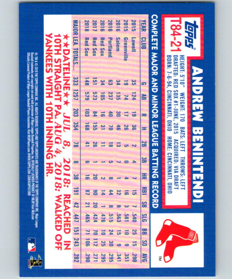 2019 Topps 1984 Topps #T84-21 Andrew Benintendi MINT Boston Red Sox 07517