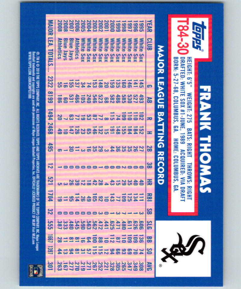 2019 Topps 1984 Topps #T84-30 Frank Thomas MINT Chicago White Sox 07518 Image 2