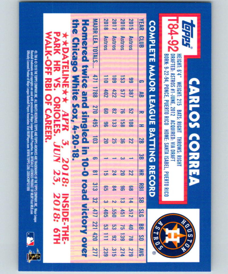 2019 Topps 1984 Topps #T84-92 Carlos Correa MINT Houston Astros 07520
