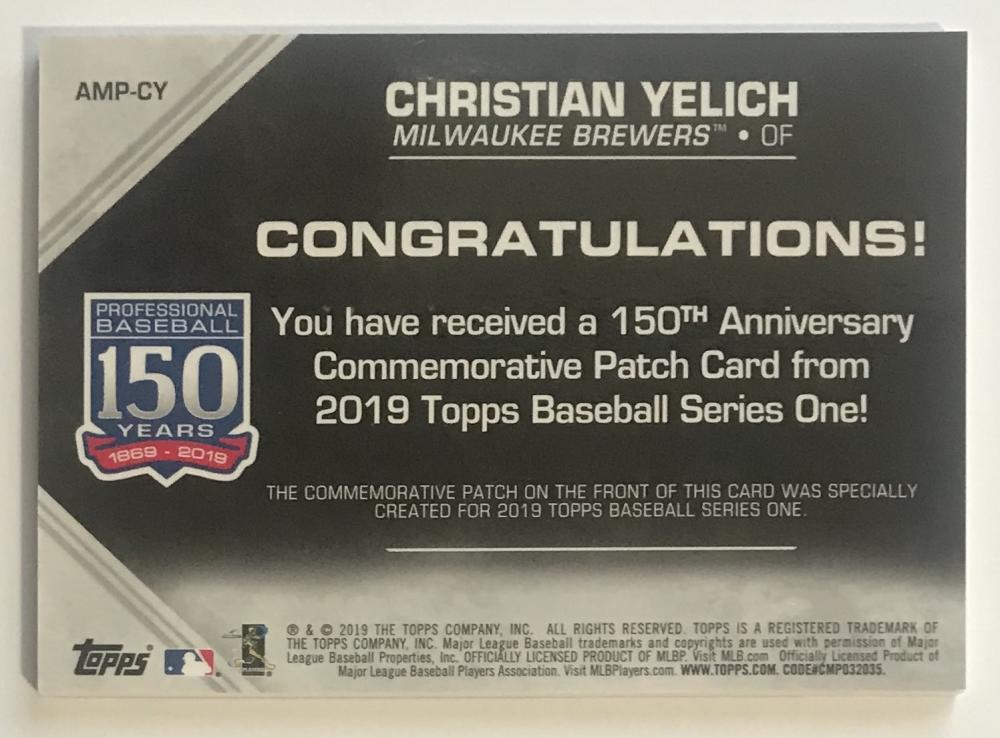 2019 Topps 150th Anniversary Commemorative Patches Christian Yelich MINT 07523 Image 2