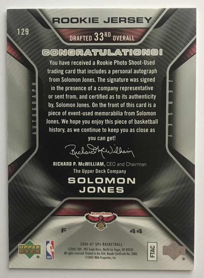 2006-07 Upper Deck SPx #129 Solomon Jones MINT RC Rookie 201/1199 07549 Image 2