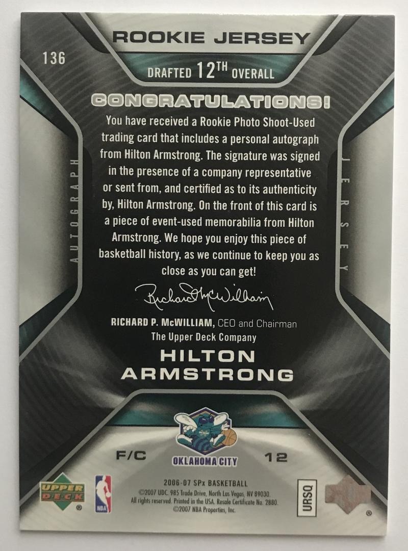 2006-07 Upper Deck SPx #136 Hilton Armstrong MINT RC Rookie 457/1199 07550 Image 2