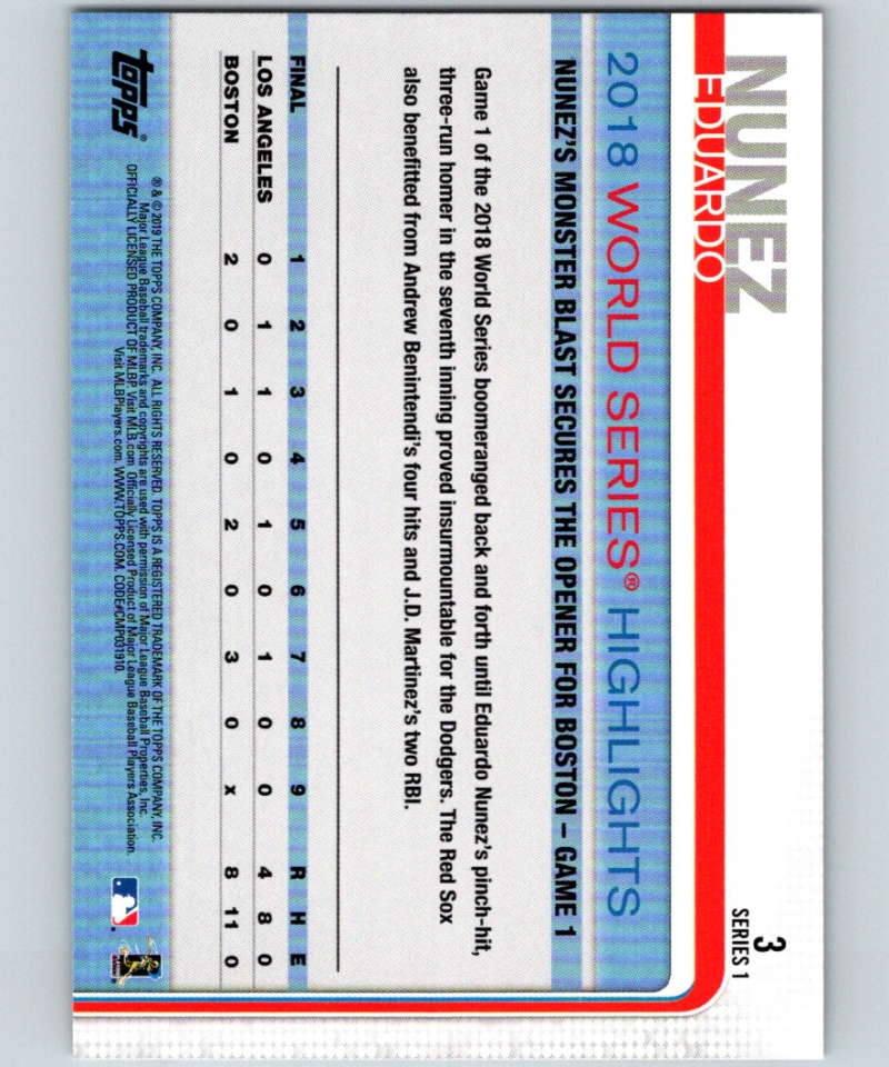 2019 Topps #3 Eduardo Nunez Mint Boston Red Sox Image 2