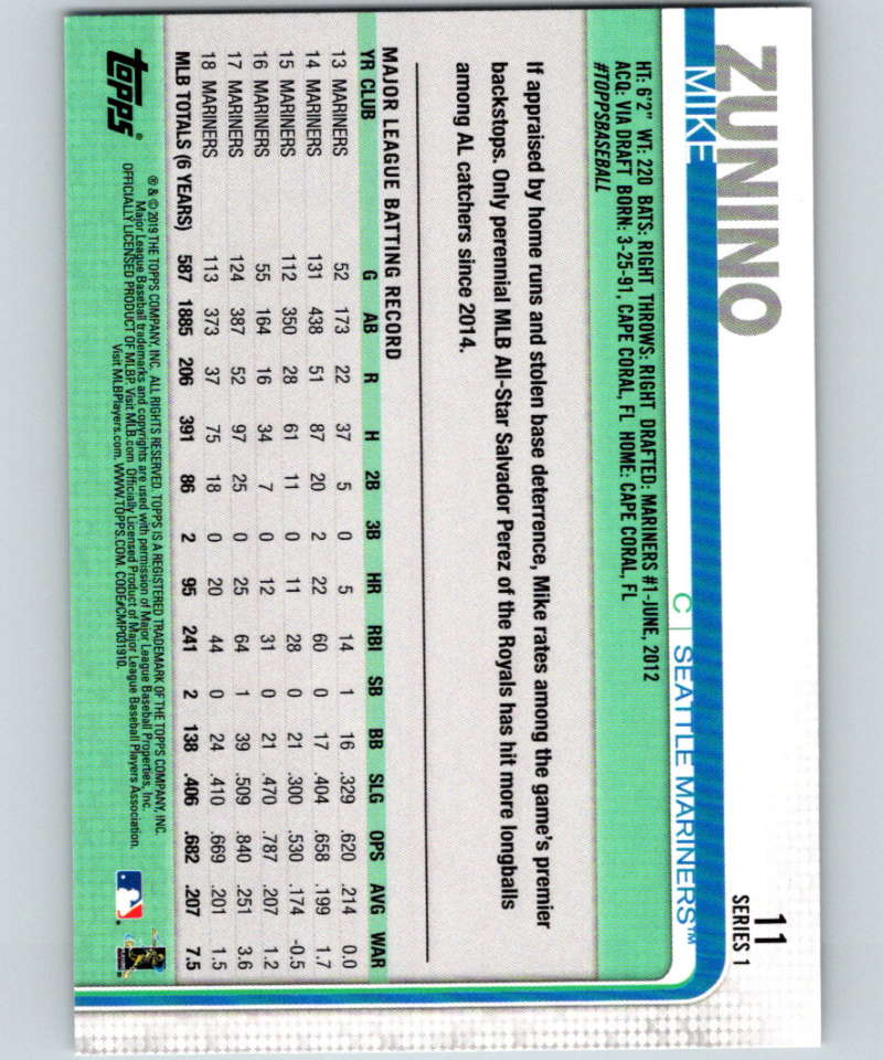 2019 Topps #11 Mike Zunino Mint Seattle Mariners Image 2