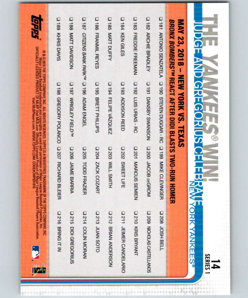 2019 Topps #14 The Yankees Win Mint New York Yankees Image 2