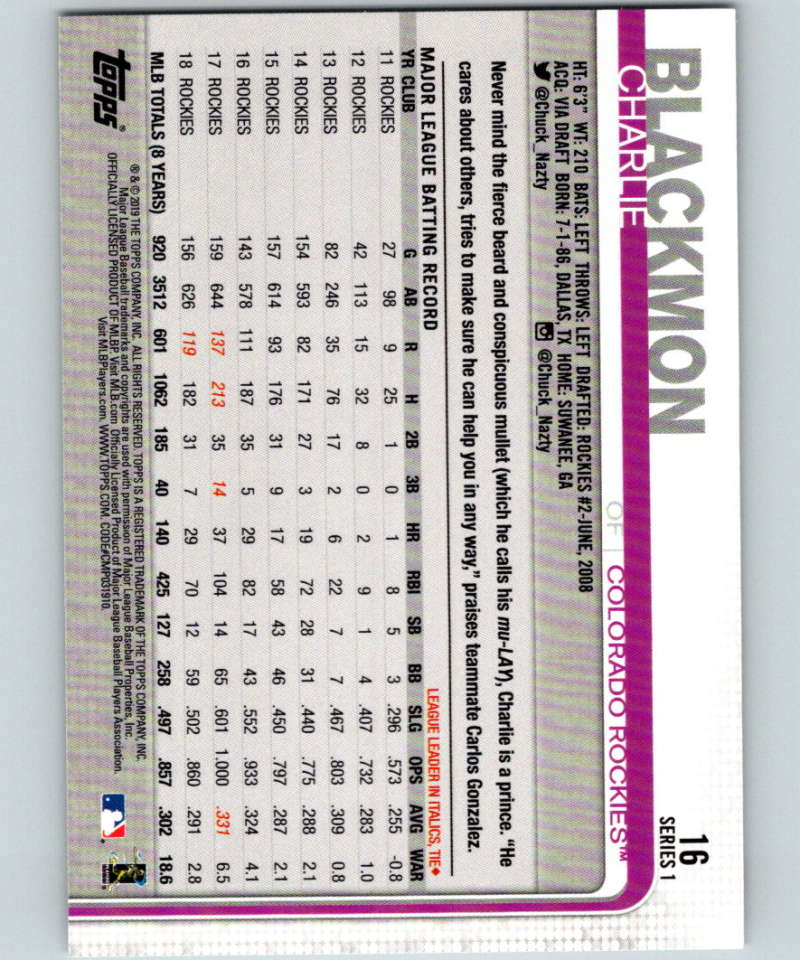 2019 Topps #16 Charlie Blackmon Mint Colorado Rockies Image 2