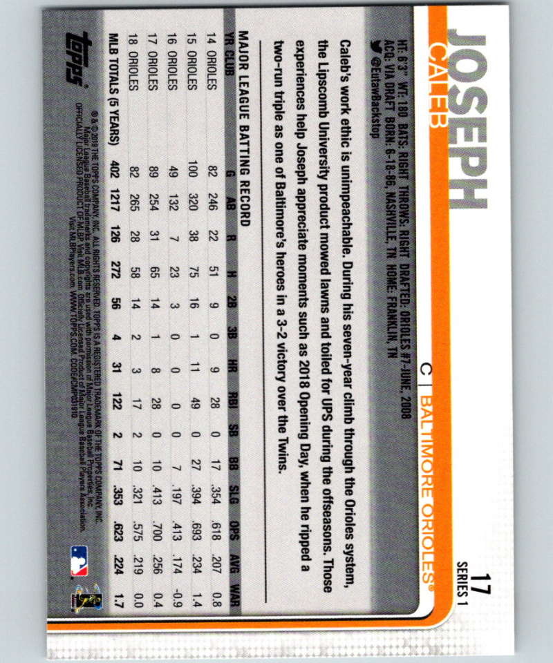 2019 Topps #17 Caleb Joseph Mint Baltimore Orioles Image 2