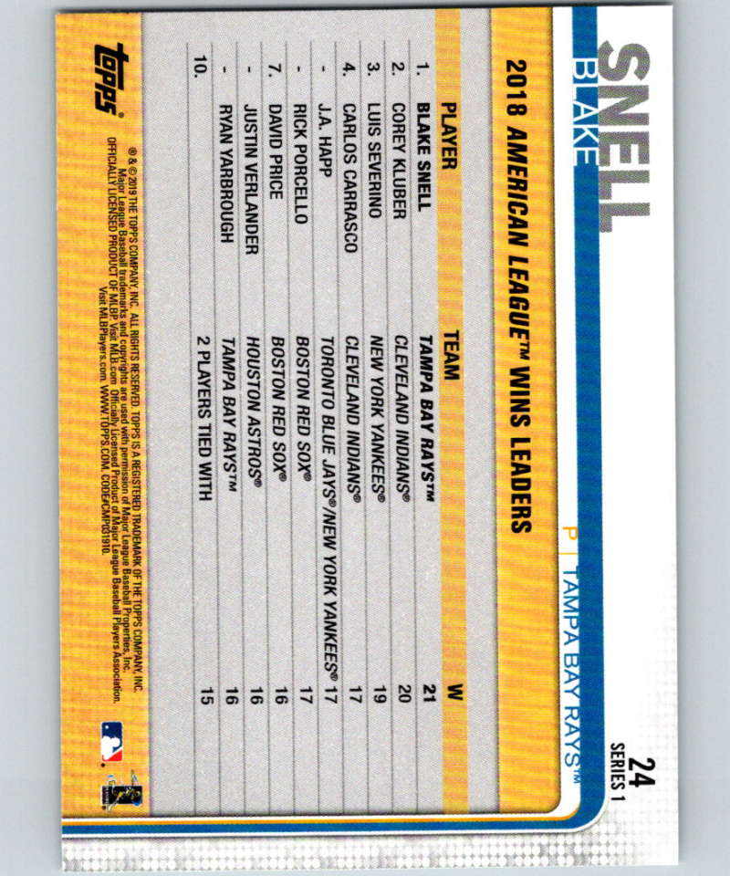 2019 Topps #24 Blake Snell Mint Tampa Bay Rays Image 2