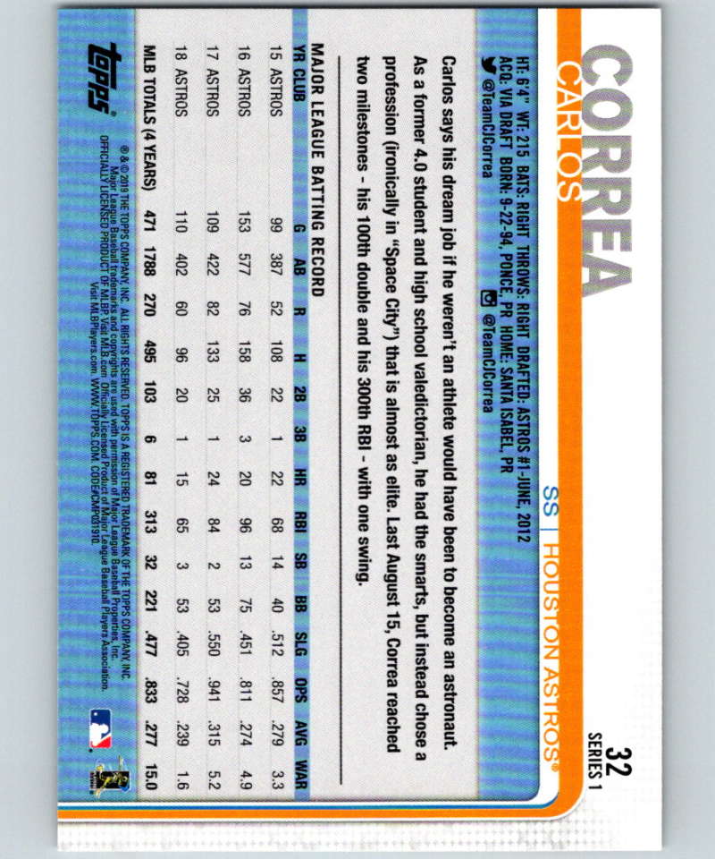 2019 Topps #32 Carlos Correa Mint Houston Astros Image 2