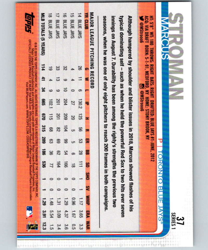 2019 Topps #37 Marcus Stroman Mint Toronto Blue Jays Image 2