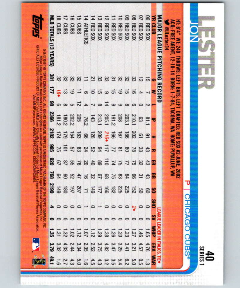 2019 Topps #40 Jon Lester Mint Chicago Cubs Image 2