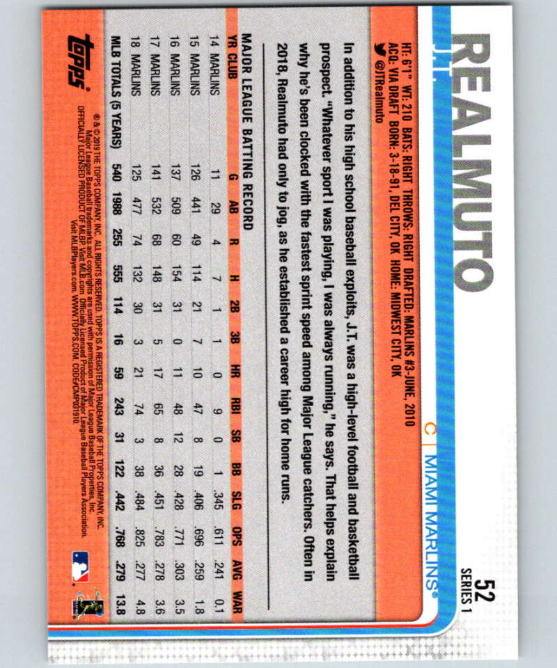 2019 Topps #52 J.T. Realmuto Mint Miami Marlins Image 2
