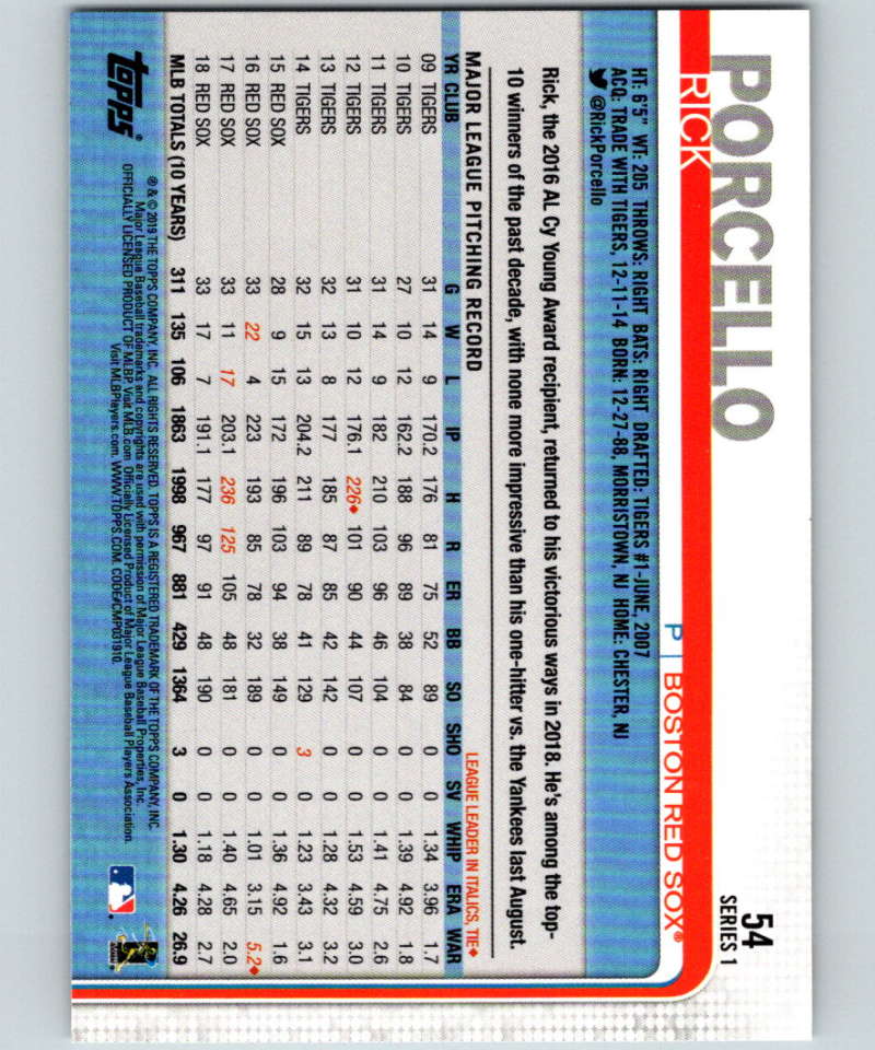 2019 Topps #54 Rick Porcello Mint Boston Red Sox Image 2