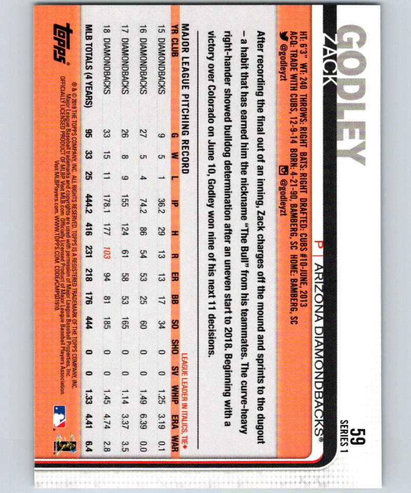 2019 Topps #59 Zack Godley Mint Arizona Diamondbacks Image 2