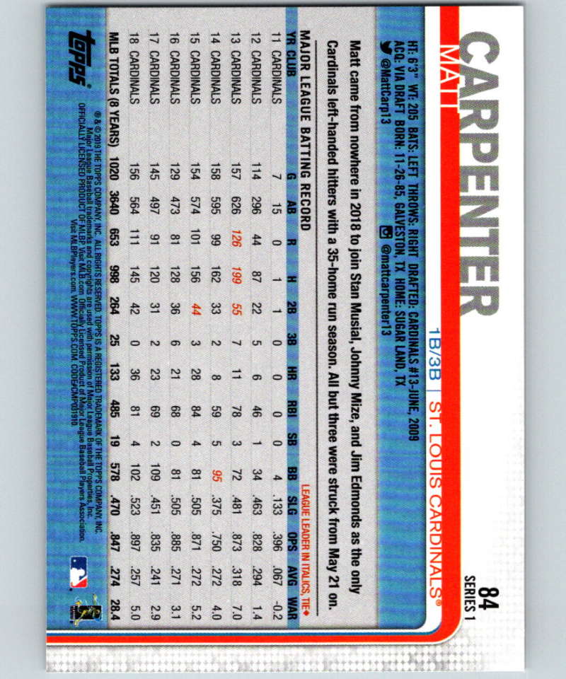 2019 Topps #84 Matt Carpenter Mint St. Louis Cardinals Image 2