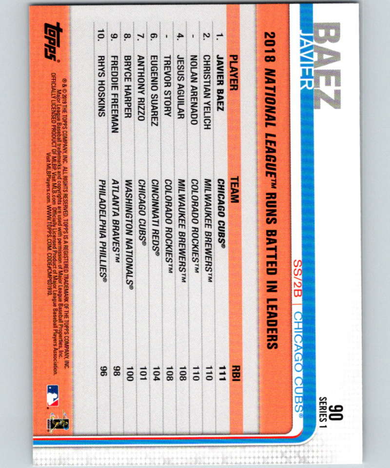 2019 Topps #90 Javier Baez Mint Chicago Cubs