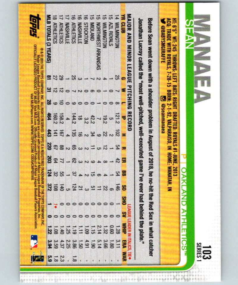 2019 Topps #103 Sean Manaea Mint Oakland Athletics Image 2