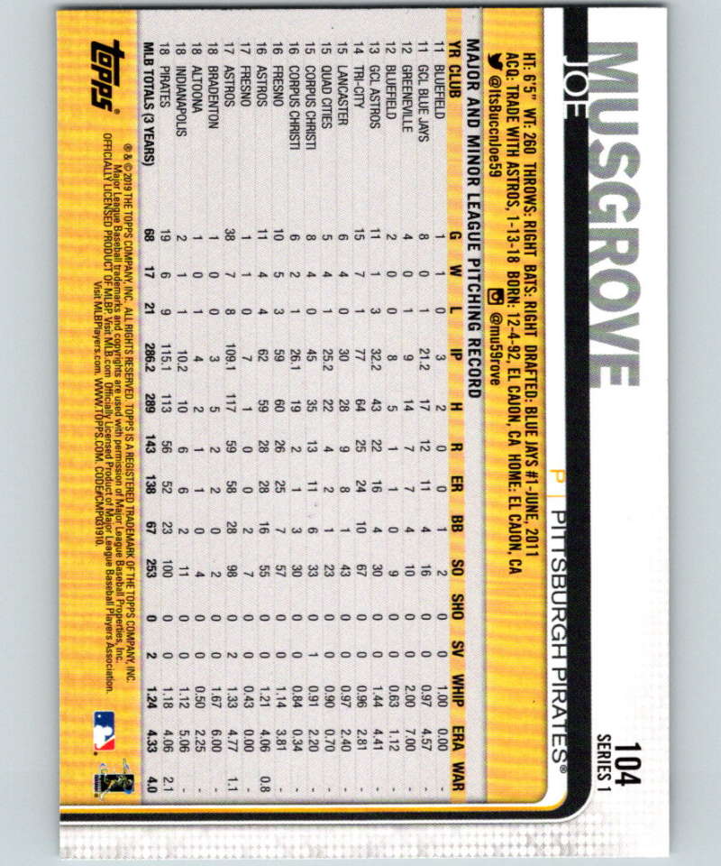 2019 Topps #104 Joe Musgrove Mint Pittsburgh Pirates Image 2
