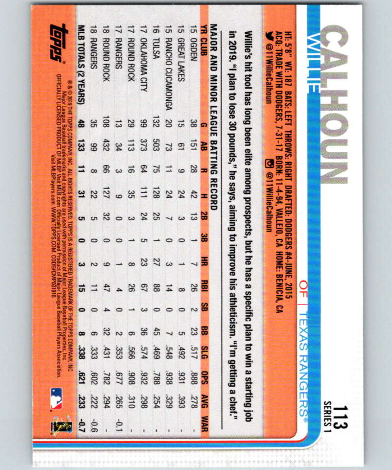 2019 Topps #113 Willie Calhoun Mint Texas Rangers Image 2