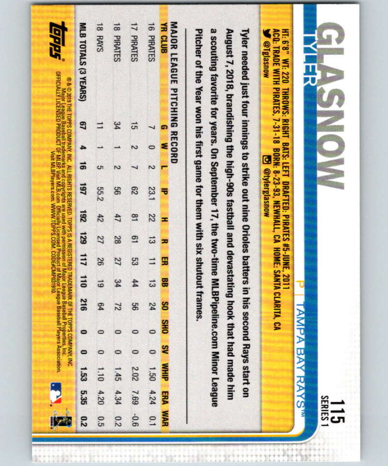 2019 Topps #115 Tyler Glasnow Mint Tampa Bay Rays Image 2