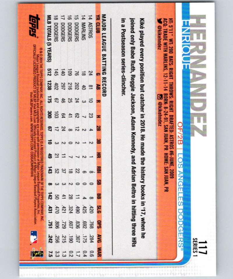 2019 Topps #117 Enrique Hernandez Mint Los Angeles Dodgers Image 2