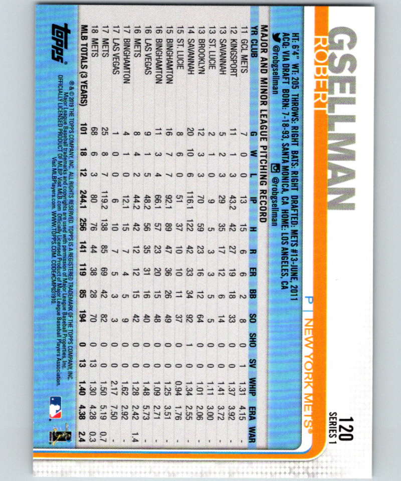 2019 Topps #120 Robert Gsellman Mint New York Mets Image 2