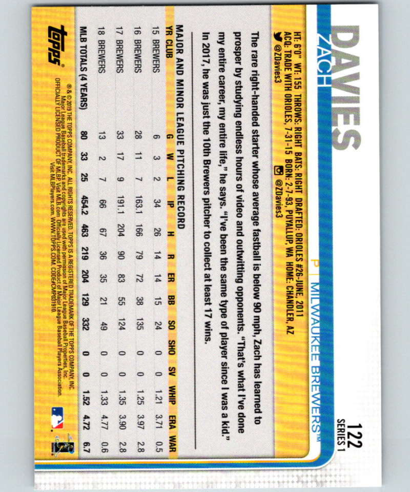 2019 Topps #122 Zach Davies Mint Milwaukee Brewers Image 2