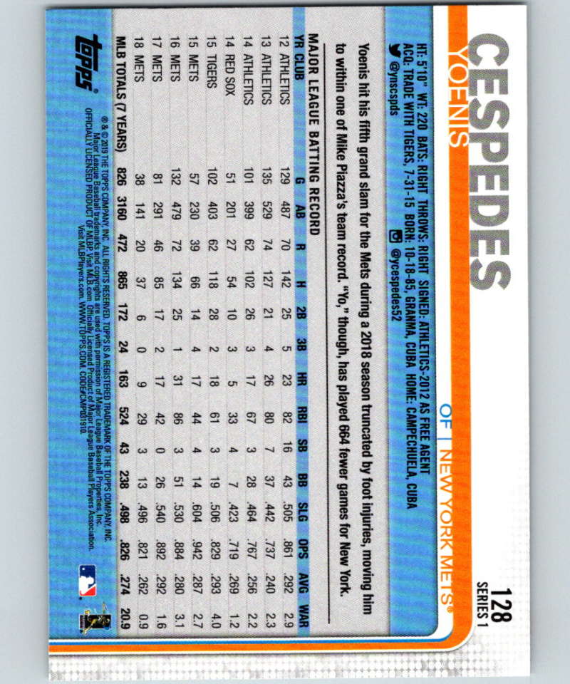 2019 Topps #128 Yoenis Cespedes Mint New York Mets Image 2