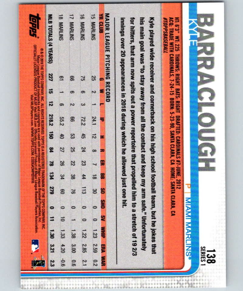 2019 Topps #138 Kyle Barraclough Mint Miami Marlins Image 2